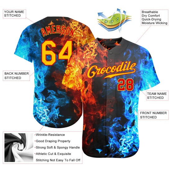 Benutzerdefiniertes Rotgold-3D-Musterdesign Flammen-authentisches Baseball-Trikot Benutzerdefiniertes Rotgold-3D-Musterdesign Flammen-authentisches Baseball-Trikot