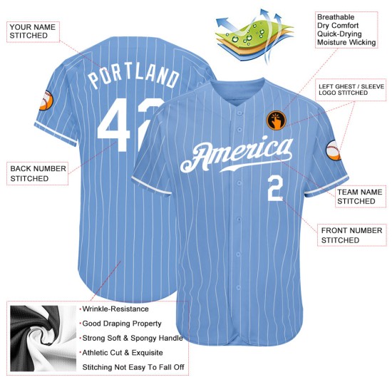 Benutzerdefinierte hellblau weiß Nadelstreifen weiß authentische Baseball Jersey Benutzerdefinierte hellblau weiß Nadelstreifen weiß authentische Baseball Jersey
