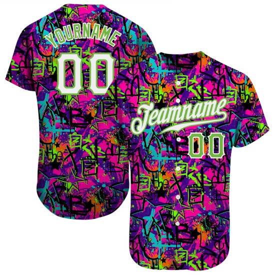 Benutzerdefinierte Graffiti Muster Weiß-Neon Grün 3D Authentic Baseball Jersey Benutzerdefinierte Graffiti Muster Weiß-Neon Grün 3D Authentic Baseball Jersey