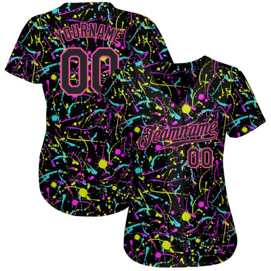 Benutzerdefinierte Graffiti Muster Schwarz-Rosa 3D Neon Splatter Authentic Baseball Jersey Benutzerdefinierte Graffiti Muster Schwarz-Rosa 3D Neon Splatter Authentic Baseball Jersey
