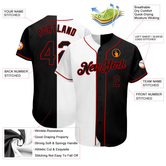 Benutzerdefiniertes Weiß-Schwarz-Rot Authentic Split Fashion Baseball Jersey Benutzerdefiniertes Weiß-Schwarz-Rot Authentic Split Fashion Baseball Jersey