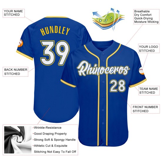 Benutzerdefiniertes authentisches Royal-Weiß-Gold-Baseballtrikot Benutzerdefiniertes authentisches Royal-Weiß-Gold-Baseballtrikot