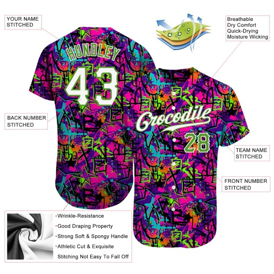 Benutzerdefinierte Graffiti Muster Weiß-Neon Grün 3D Authentic Baseball Jersey Benutzerdefinierte Graffiti Muster Weiß-Neon Grün 3D Authentic Baseball Jersey