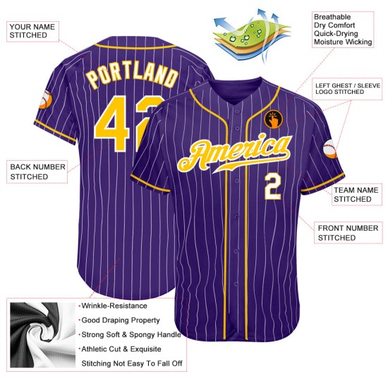 Benutzerdefinierte lila weiß Nadelstreifen Gold-weiß authentische Baseball Jersey Benutzerdefinierte lila weiß Nadelstreifen Gold-weiß authentische Baseball Jersey