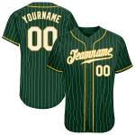 Benutzerdefiniertes authentisches Baseballtrikot mit grünen und weißen Nadelstreifen in Weiß und Gold Benutzerdefiniertes authentisches Baseballtrikot mit grünen und weißen Nadelstreifen in Weiß und Gold