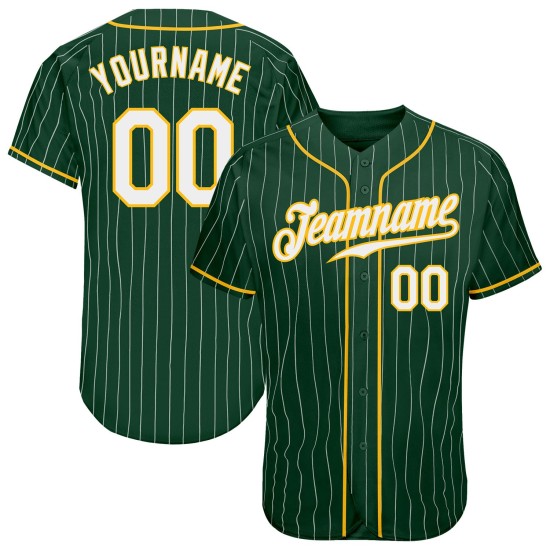 Benutzerdefiniertes authentisches Baseballtrikot mit grünen und weißen Nadelstreifen in Weiß und Gold Benutzerdefiniertes authentisches Baseballtrikot mit grünen und weißen Nadelstreifen in Weiß und Gold