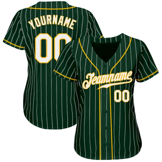 Benutzerdefiniertes authentisches Baseballtrikot mit grünen und weißen Nadelstreifen in Weiß und Gold Benutzerdefiniertes authentisches Baseballtrikot mit grünen und weißen Nadelstreifen in Weiß und Gold
