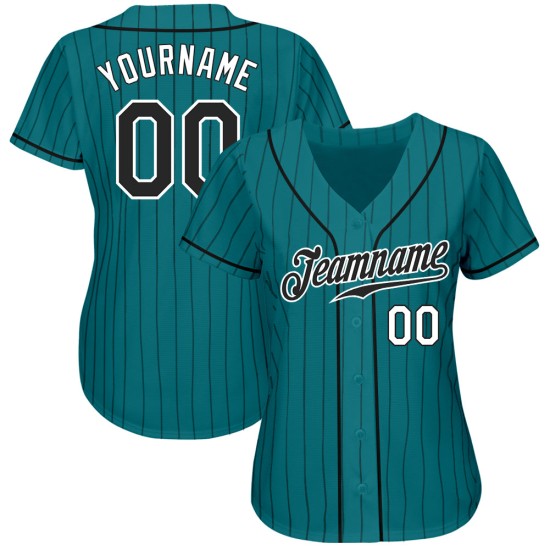 Benutzerdefiniertes Teal Black Pinstripe Schwarz-Weiß Authentic Baseball Jersey Benutzerdefiniertes Teal Black Pinstripe Schwarz-Weiß Authentic Baseball Jersey