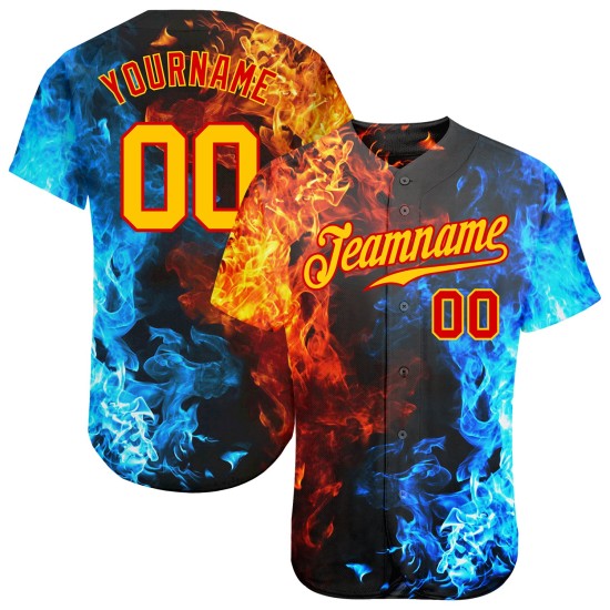 Benutzerdefiniertes Rotgold-3D-Musterdesign Flammen-authentisches Baseball-Trikot Benutzerdefiniertes Rotgold-3D-Musterdesign Flammen-authentisches Baseball-Trikot