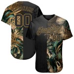 Benutzerdefiniertes 3D-Musterdesign Goldene und grüne tropische Blätter im Stil von Dschungel und Hawaii Authentisches Baseball-Trikot Benutzerdefiniertes 3D-Musterdesign Goldene und grüne tropische Blätter im Stil von Dschungel und Hawaii Authentisches Baseball-Trikot