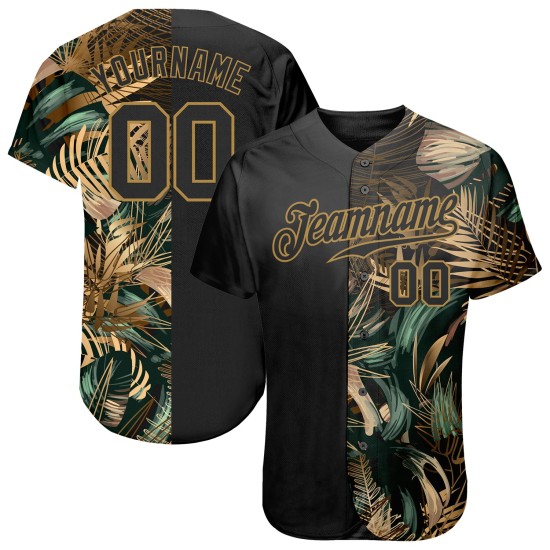 Benutzerdefiniertes 3D-Musterdesign Goldene und grüne tropische Blätter im Stil von Dschungel und Hawaii Authentisches Baseball-Trikot Benutzerdefiniertes 3D-Musterdesign Goldene und grüne tropische Blätter im Stil von Dschungel und Hawaii Authentisches Baseball-Trikot