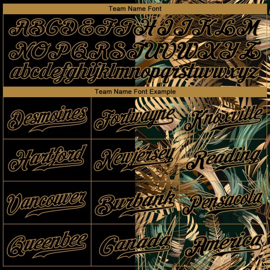 Benutzerdefiniertes 3D-Musterdesign Goldene und grüne tropische Blätter im Stil von Dschungel und Hawaii Authentisches Baseball-Trikot Benutzerdefiniertes 3D-Musterdesign Goldene und grüne tropische Blätter im Stil von Dschungel und Hawaii Authentisches Baseball-Trikot