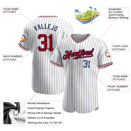 Benutzerdefiniertes authentisches Baseballtrikot in Weiß und Marineblau mit Nadelstreifen in Rot und Marineblau Benutzerdefiniertes authentisches Baseballtrikot in Weiß und Marineblau mit Nadelstreifen in Rot und Marineblau