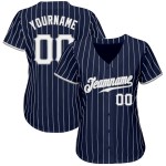 Benutzerdefiniertes authentisches Baseball-Trikot mit marineblauen und weißen Nadelstreifen in Weiß und Grau Benutzerdefiniertes authentisches Baseball-Trikot mit marineblauen und weißen Nadelstreifen in Weiß und Grau