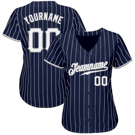 Benutzerdefiniertes authentisches Baseball-Trikot mit marineblauen und weißen Nadelstreifen in Weiß und Grau Benutzerdefiniertes authentisches Baseball-Trikot mit marineblauen und weißen Nadelstreifen in Weiß und Grau