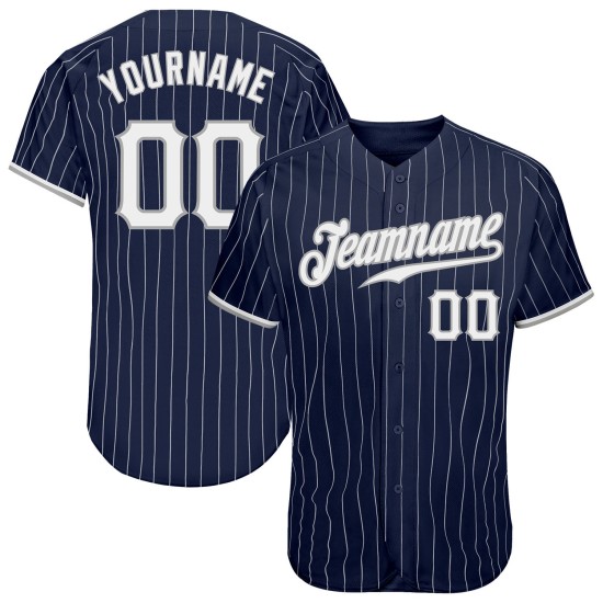 Benutzerdefiniertes authentisches Baseball-Trikot mit marineblauen und weißen Nadelstreifen in Weiß und Grau Benutzerdefiniertes authentisches Baseball-Trikot mit marineblauen und weißen Nadelstreifen in Weiß und Grau