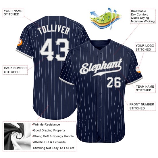 Benutzerdefiniertes authentisches Baseball-Trikot mit marineblauen und weißen Nadelstreifen in Weiß und Grau Benutzerdefiniertes authentisches Baseball-Trikot mit marineblauen und weißen Nadelstreifen in Weiß und Grau
