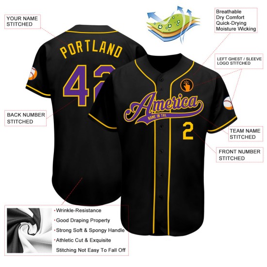 Benutzerdefiniertes authentisches Baseballtrikot in Schwarz, Lila und Gold Benutzerdefiniertes authentisches Baseballtrikot in Schwarz, Lila und Gold