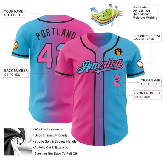 Benutzerdefinierte Himmelblau Pink-Schwarz Authentic Gradient Fashion Baseball Jersey Benutzerdefinierte Himmelblau Pink-Schwarz Authentic Gradient Fashion Baseball Jersey