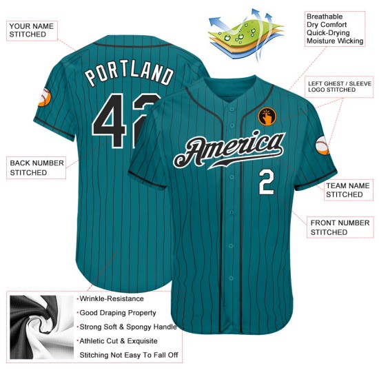 Benutzerdefiniertes Teal Black Pinstripe Schwarz-Weiß Authentic Baseball Jersey Benutzerdefiniertes Teal Black Pinstripe Schwarz-Weiß Authentic Baseball Jersey