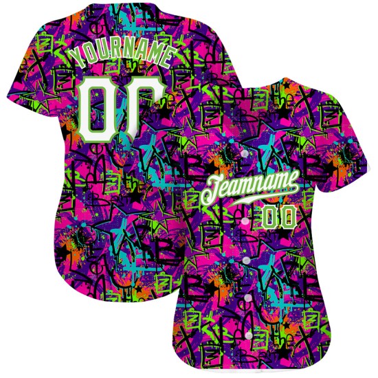 Benutzerdefinierte Graffiti Muster Weiß-Neon Grün 3D Authentic Baseball Jersey Benutzerdefinierte Graffiti Muster Weiß-Neon Grün 3D Authentic Baseball Jersey