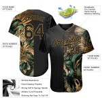 Benutzerdefiniertes 3D-Musterdesign Goldene und grüne tropische Blätter im Stil von Dschungel und Hawaii Authentisches Baseball-Trikot Benutzerdefiniertes 3D-Musterdesign Goldene und grüne tropische Blätter im Stil von Dschungel und Hawaii Authentisches Baseball-Trikot