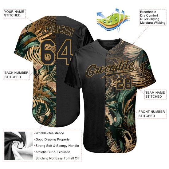 Benutzerdefiniertes 3D-Musterdesign Goldene und grüne tropische Blätter im Stil von Dschungel und Hawaii Authentisches Baseball-Trikot Benutzerdefiniertes 3D-Musterdesign Goldene und grüne tropische Blätter im Stil von Dschungel und Hawaii Authentisches Baseball-Trikot