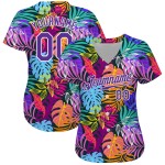 Benutzerdefiniertes weißes lila-weißes 3D-Musterdesign Hawaii-Palmen authentisches Baseball-Trikot Benutzerdefiniertes weißes lila-weißes 3D-Musterdesign Hawaii-Palmen authentisches Baseball-Trikot