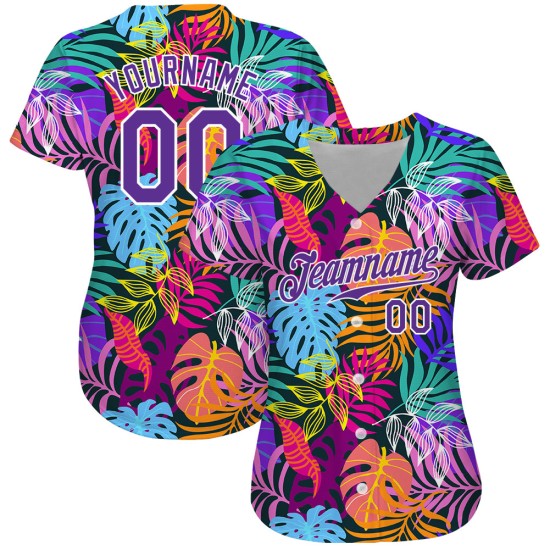Benutzerdefiniertes weißes lila-weißes 3D-Musterdesign Hawaii-Palmen authentisches Baseball-Trikot Benutzerdefiniertes weißes lila-weißes 3D-Musterdesign Hawaii-Palmen authentisches Baseball-Trikot