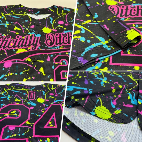 Benutzerdefinierte Graffiti Muster Schwarz-Rosa 3D Neon Splatter Authentic Baseball Jersey Benutzerdefinierte Graffiti Muster Schwarz-Rosa 3D Neon Splatter Authentic Baseball Jersey