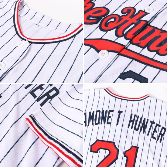 Benutzerdefiniertes authentisches Baseballtrikot in Weiß und Marineblau mit Nadelstreifen in Rot und Marineblau Benutzerdefiniertes authentisches Baseballtrikot in Weiß und Marineblau mit Nadelstreifen in Rot und Marineblau