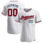 Benutzerdefiniertes authentisches Baseballtrikot in Weiß und Marineblau mit Nadelstreifen in Rot und Marineblau Benutzerdefiniertes authentisches Baseballtrikot in Weiß und Marineblau mit Nadelstreifen in Rot und Marineblau
