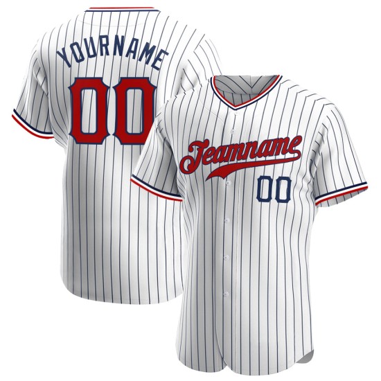 Benutzerdefiniertes authentisches Baseballtrikot in Weiß und Marineblau mit Nadelstreifen in Rot und Marineblau Benutzerdefiniertes authentisches Baseballtrikot in Weiß und Marineblau mit Nadelstreifen in Rot und Marineblau
