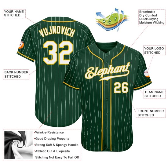 Benutzerdefiniertes authentisches Baseballtrikot mit grünen und weißen Nadelstreifen in Weiß und Gold Benutzerdefiniertes authentisches Baseballtrikot mit grünen und weißen Nadelstreifen in Weiß und Gold