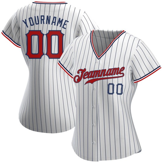 Benutzerdefiniertes authentisches Baseballtrikot in Weiß und Marineblau mit Nadelstreifen in Rot und Marineblau Benutzerdefiniertes authentisches Baseballtrikot in Weiß und Marineblau mit Nadelstreifen in Rot und Marineblau