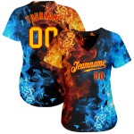 Benutzerdefiniertes Rotgold-3D-Musterdesign Flammen-authentisches Baseball-Trikot Benutzerdefiniertes Rotgold-3D-Musterdesign Flammen-authentisches Baseball-Trikot