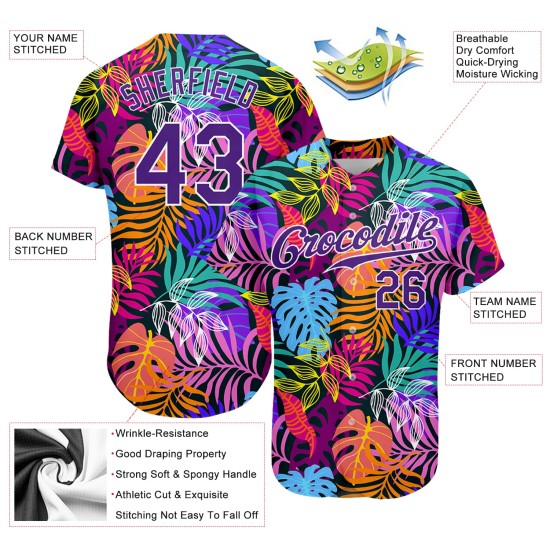 Benutzerdefiniertes weißes lila-weißes 3D-Musterdesign Hawaii-Palmen authentisches Baseball-Trikot Benutzerdefiniertes weißes lila-weißes 3D-Musterdesign Hawaii-Palmen authentisches Baseball-Trikot