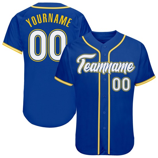 Benutzerdefiniertes authentisches Royal-Weiß-Gold-Baseballtrikot Benutzerdefiniertes authentisches Royal-Weiß-Gold-Baseballtrikot