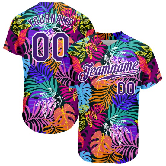 Benutzerdefiniertes weißes lila-weißes 3D-Musterdesign Hawaii-Palmen authentisches Baseball-Trikot Benutzerdefiniertes weißes lila-weißes 3D-Musterdesign Hawaii-Palmen authentisches Baseball-Trikot