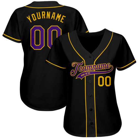 Benutzerdefiniertes authentisches Baseballtrikot in Schwarz, Lila und Gold Benutzerdefiniertes authentisches Baseballtrikot in Schwarz, Lila und Gold