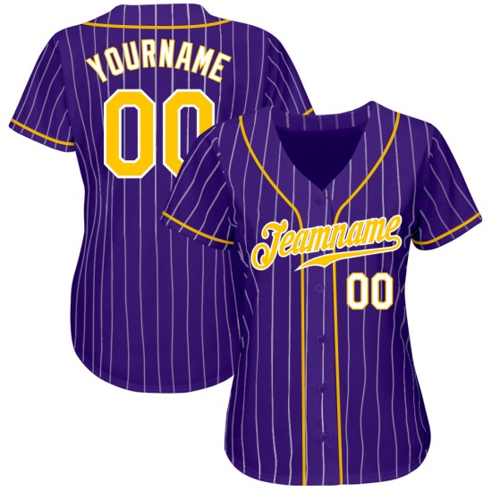 Benutzerdefinierte lila weiß Nadelstreifen Gold-weiß authentische Baseball Jersey Benutzerdefinierte lila weiß Nadelstreifen Gold-weiß authentische Baseball Jersey