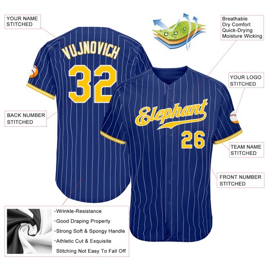 Benutzerdefinierte Royal Weiß Nadelstreifen Gold-Weiß Authentic Baseball Jersey Benutzerdefinierte Royal Weiß Nadelstreifen Gold-Weiß Authentic Baseball Jersey